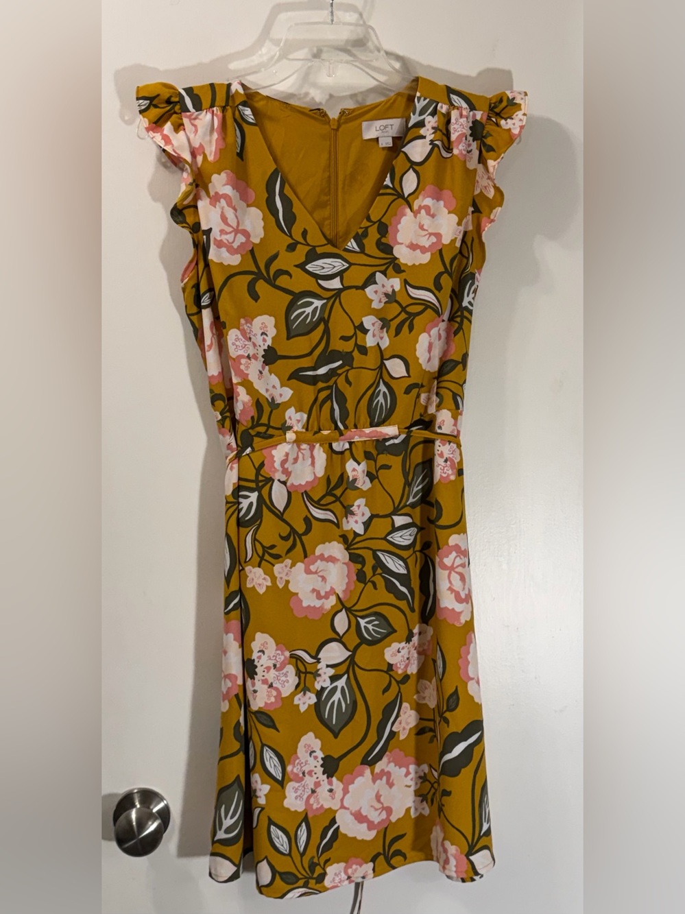 LOFT Mustard Floral Midi Dress with Pink Blooms